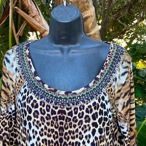 Camilla Leopard, and floral border print scoop neck top
